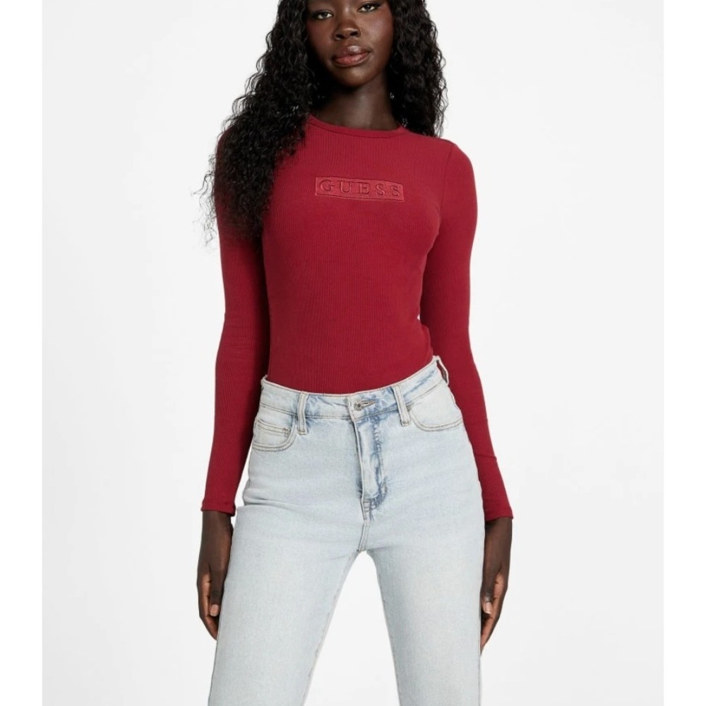 Guess Ribbed Long Sleeve Bodysuit Wine Red Embroidered‎ Logo Size S